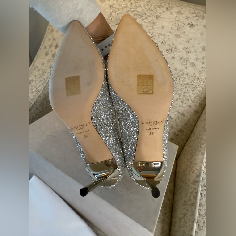 Jimmy Choo Romy 85 Champagne Coarse Glitter Fabric Pointy Toe Pumps Size 39 (9) - Picture 3 of 9